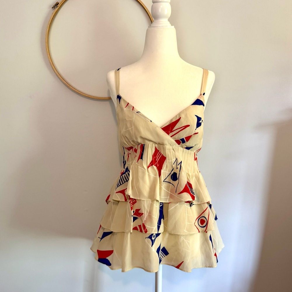 Vera Wang Cream Blue and Red Abstract Camisole, Silk